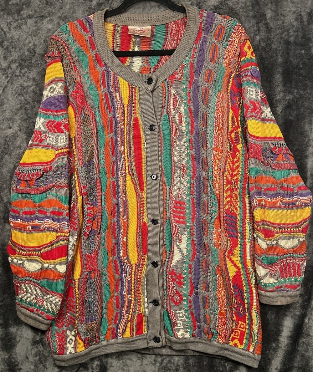 Vintage 80s CUGGI COOGI Australia Cardigan Women’s L 3D Multicolor Knit Sweater